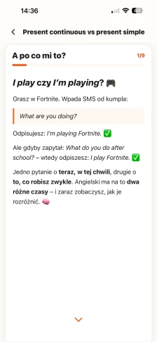 Karta A po co mi to? z lekcji Present continuous vs present simple: I play czy I am playing na przykładzie wiadomości od kolegi