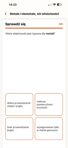 Quiz Sprawdź się z lekcji Metale i niemetale: która właściwość jest typowa dla metali, cztery odpowiedzi do wyboru