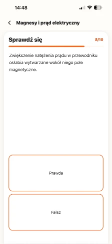 Quiz Sprawdź się z lekcji Magnesy i prąd elektryczny: prawda czy fałsz – większe natężenie prądu osłabia pole magnetyczne
