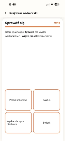 Quiz Sprawdź się z lekcji Krajobraz nadmorski: która roślina wiąże piasek na wydmach, cztery odpowiedzi do wyboru