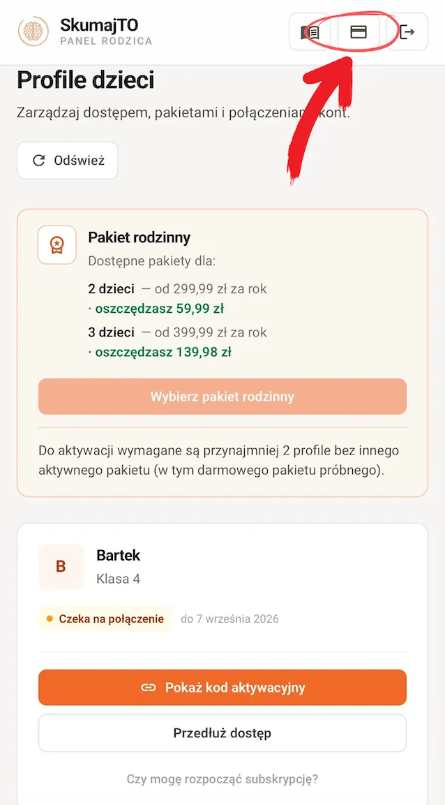 Panel rodzica na telefonie z zaznaczoną ikoną płatności