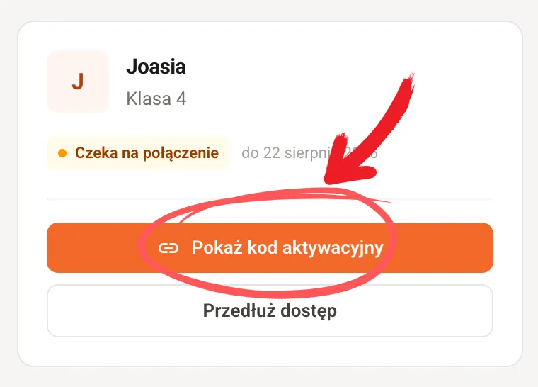 Karta profilu ze statusem Czeka na połączenie i zaznaczonym przyciskiem Pokaż kod aktywacyjny