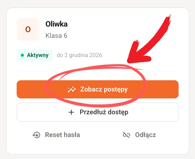 Karta profilu dziecka z zaznaczonym przyciskiem Zobacz postępy