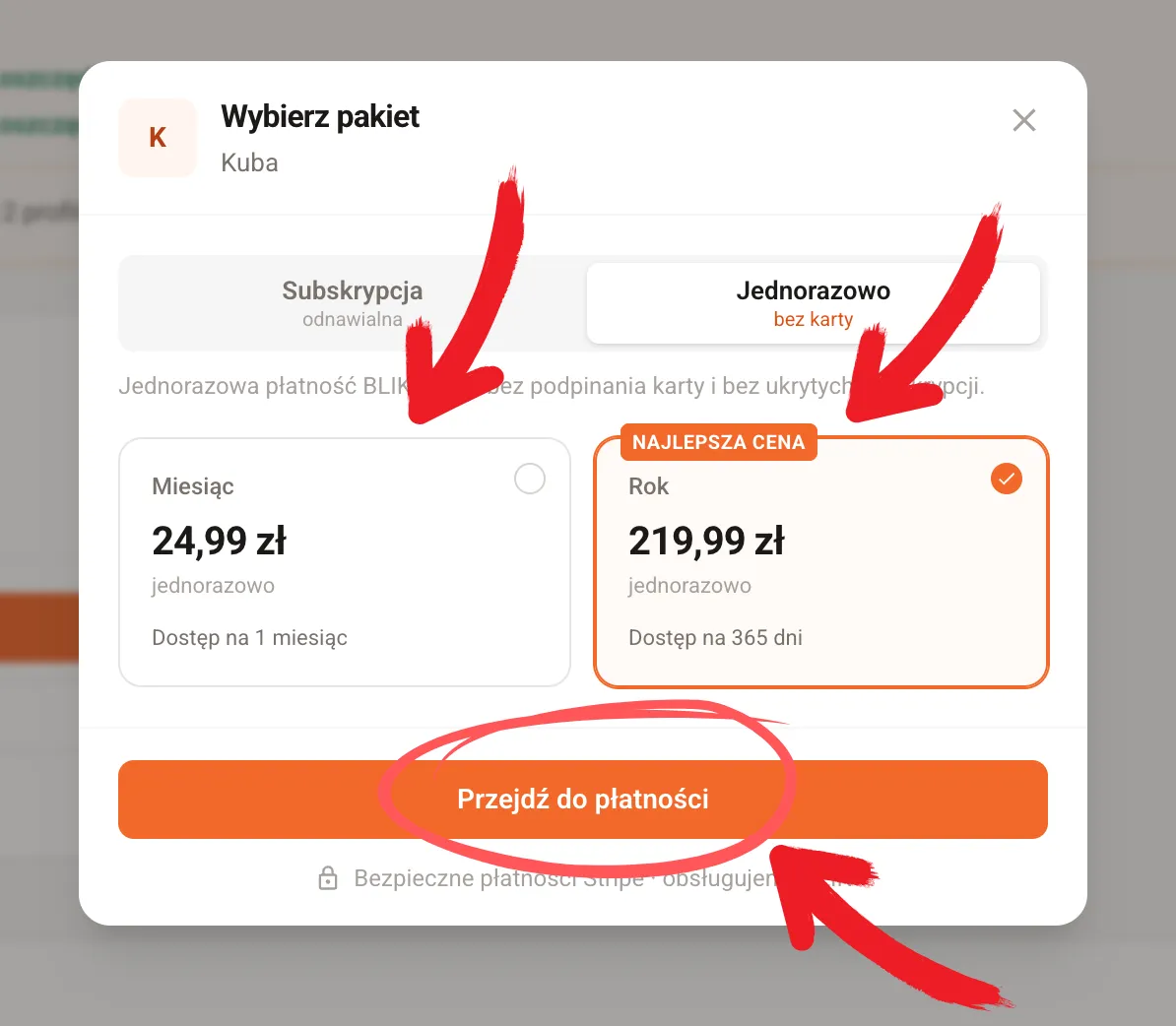 Zakładka Jednorazowo z wariantami miesięcznym i rocznym oraz przyciskiem Przejdź do płatności