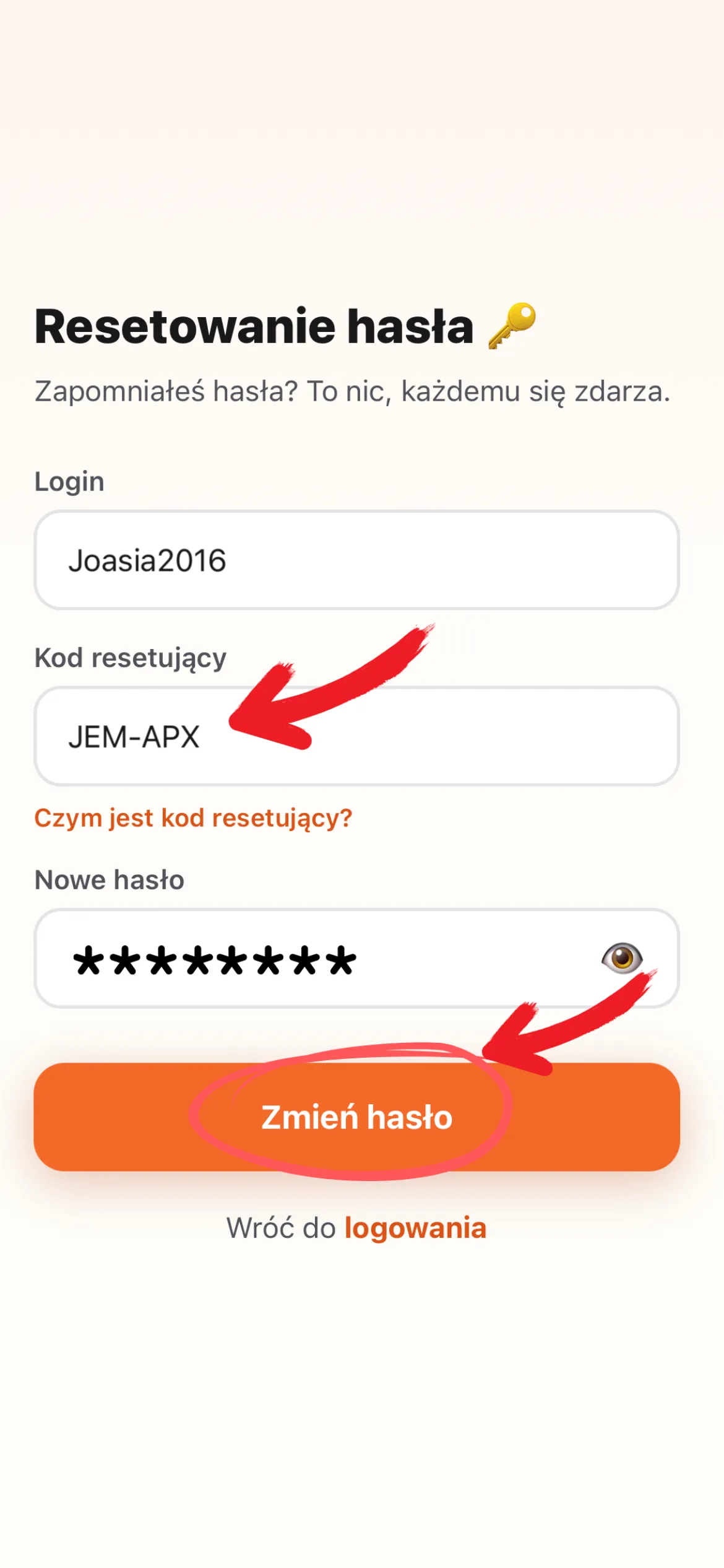 Ekran resetowania hasła z polami login, kod resetujący i nowe hasło