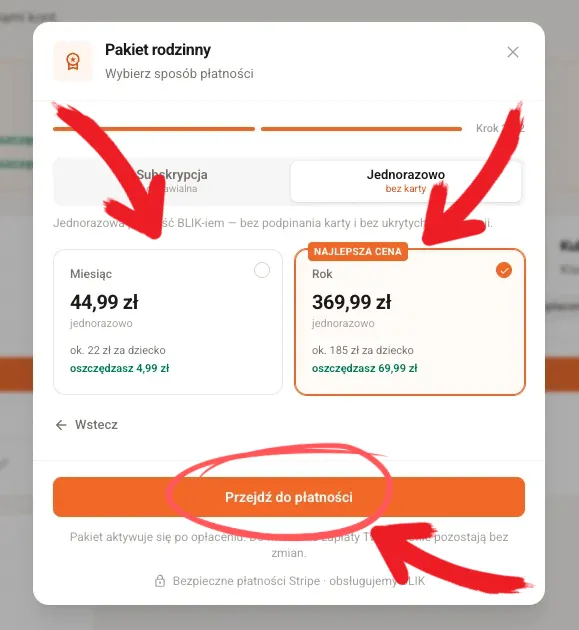 Zakładka Jednorazowo dla pakietu rodzinnego z wariantami miesięcznym i rocznym