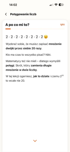 Karta A po co mi to? z lekcji Potęgowanie liczb: długie mnożenie dwójki przez siebie i zapowiedź, że potęga skraca taki zapis