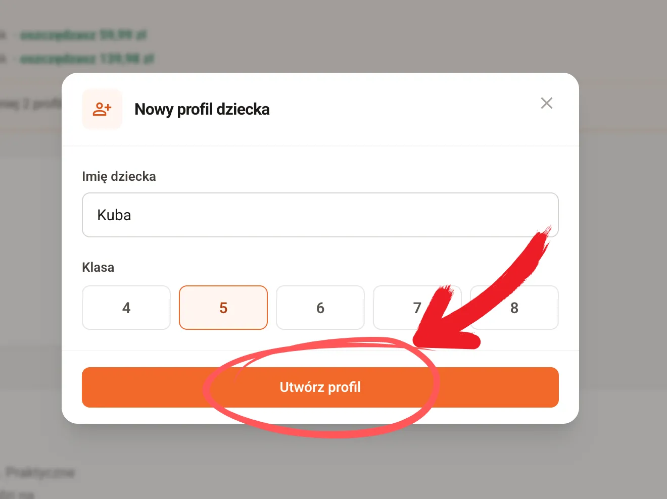 Okno Nowy profil dziecka z polem na imię, wyborem klasy i przyciskiem Utwórz profil