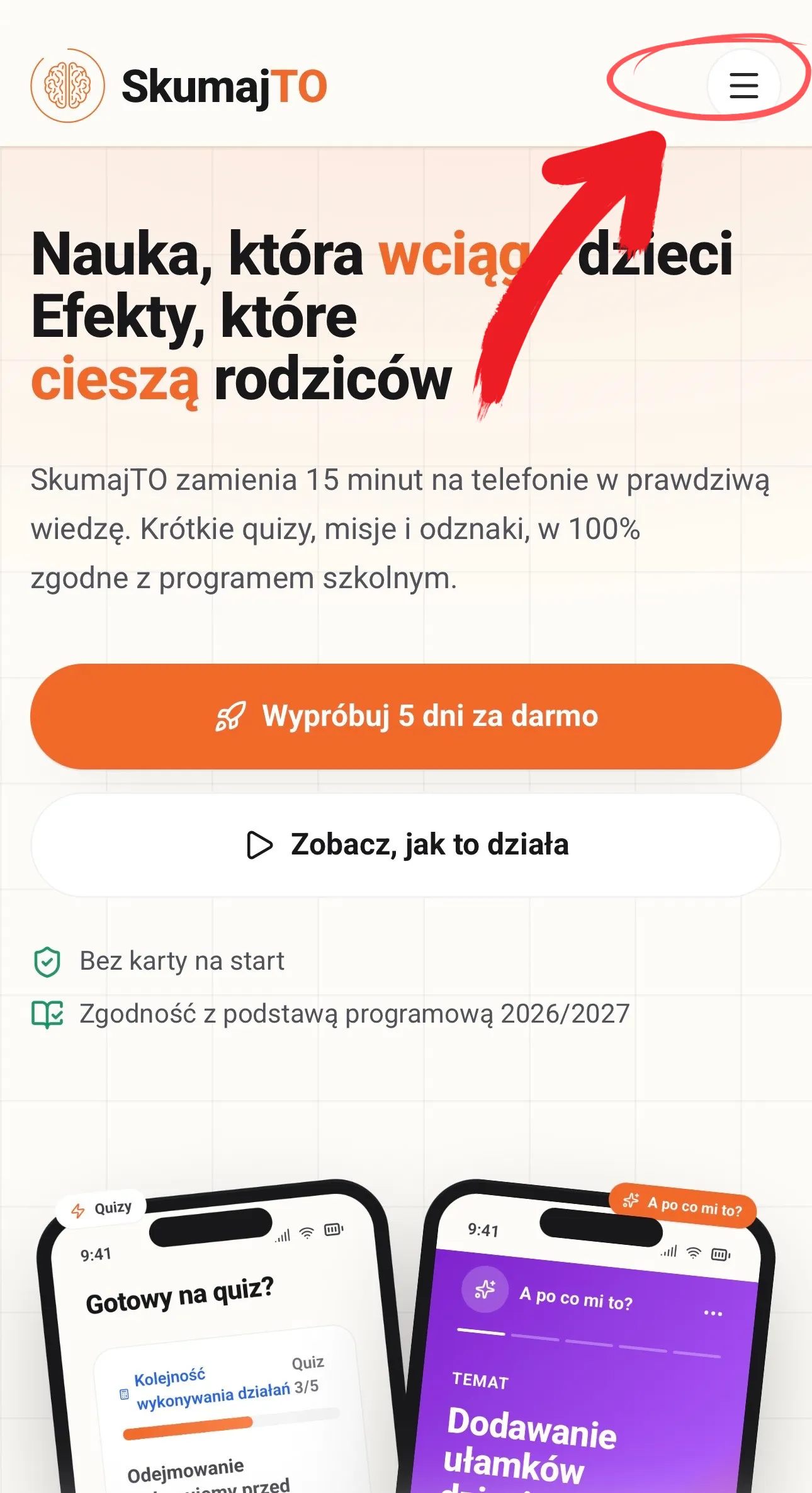 Strona główna SkumajTO na telefonie – ikona menu w prawym górnym rogu