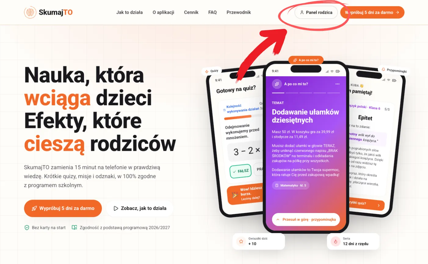 Strona główna SkumajTO na komputerze – przycisk Panel rodzica w prawym górnym rogu
